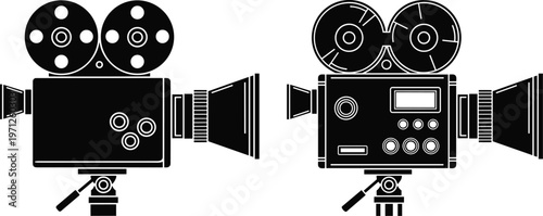 Vintage film camera icon set with retro movie equipment, cinema recording devices in silhouette vector illustration collection