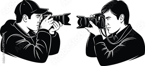 Photographer silhouette set with professional camera shooting portraits, people using DSLR equipment, black vector illustration collection