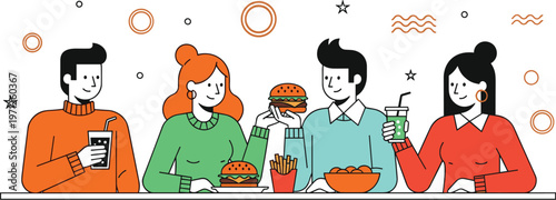 Friends eating fast food together with burgers, fries and drinks, social dining scene flat vector illustration