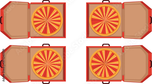 Pizza box top view set with open cardboard packaging and whole pizza inside, fast food delivery vector illustration