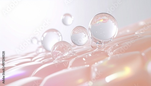 泡で肌を洗浄しながら美容液が浸透する様子を描いたスキンケア背景 ヒアルロン酸セラミド成分を想起させるビジュアル ジェネレーティブAI