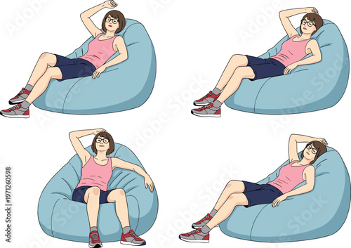 Woman relaxing on bean bag chair in different poses, casual lifestyle comfort concept flat vector illustration set