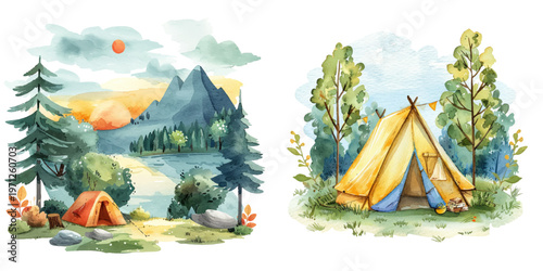 camp in nature watercolor vector illustration