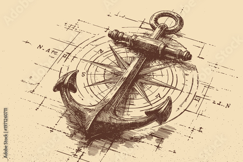 A vector illustration of a classic ship's anchor with a modern compass rose.