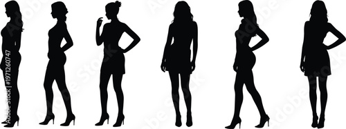 Collection of female fashion silhouettes in dresses and high heels on a white background women
