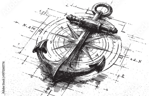 A vector illustration of a classic ship's anchor with a modern compass rose.