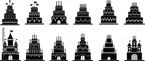 Collection of twelve black silhouette icons of various decorated cakes and castles pastries desserts