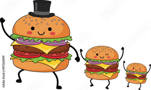 Cute burger characters set with funny smiling fast food mascots, cartoon hamburger illustration in playful vector style
