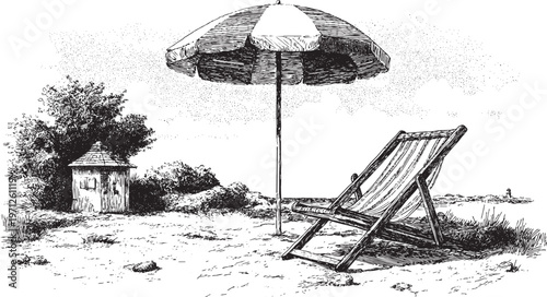 A vector illustration of a classic striped beach umbrella shading a lounge chair. This vector illustration can be used in any size you like for advertising, logos, and other work.
