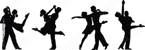 Silhouettes of couples dancing ballroom and Latin dances on white background vector illustration