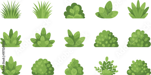 Green Bush And Grass Vector Set Featuring Various Shrub Shapes For Landscape Architecture Garden Scene Creation And Outdoor Nature Environment Graphic Designs