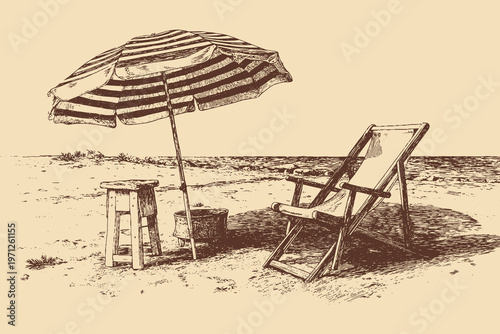 A vector illustration of a classic striped beach umbrella shading a lounge chair. This vector illustration can be used in any size you like for advertising, logos, and other work.
