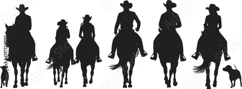 Silhouettes of Cowboys and Cowgirls Riding Horses with Dogs on White Background vector illustration