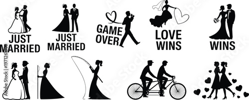 Wedding and love themed silhouettes with text and icons on a white background couple bride