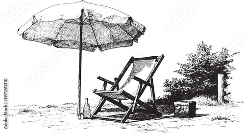 A vector illustration of a classic striped beach umbrella shading a lounge chair. This vector illustration can be used in any size you like for advertising, logos, and other work.
