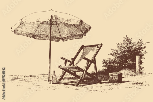 A vector illustration of a classic striped beach umbrella shading a lounge chair. This vector illustration can be used in any size you like for advertising, logos, and other work.

