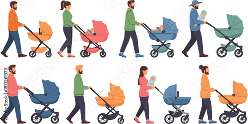 Diverse Parents Walking with Baby Strollers Vector Set Featuring Mothers and Fathers with Newborns for Family Lifestyle and Parenting Concept Designs