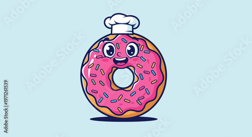 Cartoon donut character wearing a chef hat with sprinkles and a smiling face