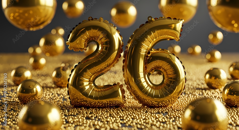 Obraz premium Two shimmering golden number twenty-six balloons stand among sparkling spheres, creating a luxurious celebration backdrop.