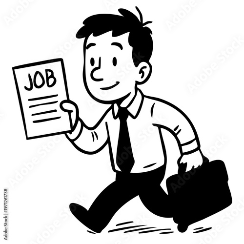 A cartoon man in a business suit excitedly running with a job application