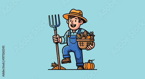 Cartoon farmer with basket of vegetables and pitchfork against blue background
