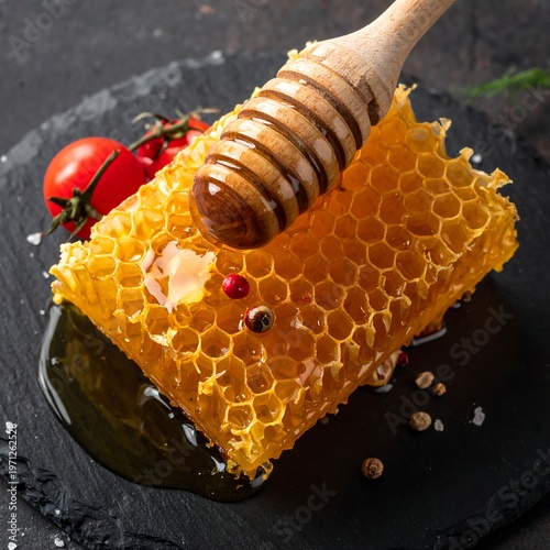 Honeycomb with Honey Dipper and Tomatoes on Slate Plate.
