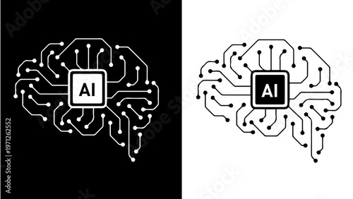 AI brain circuit icon in black and white for artificial intelligence concept