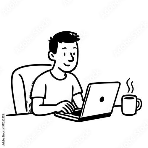 A cartoon man working on his laptop with a cup of coffee