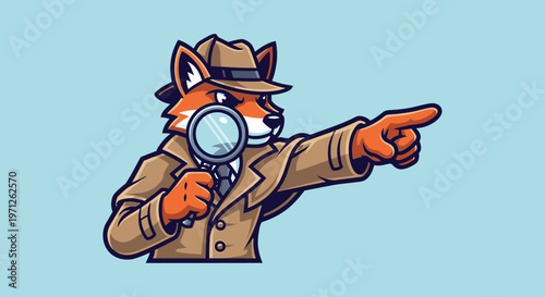 Cartoon fox detective with magnifying glass pointing towards the right side