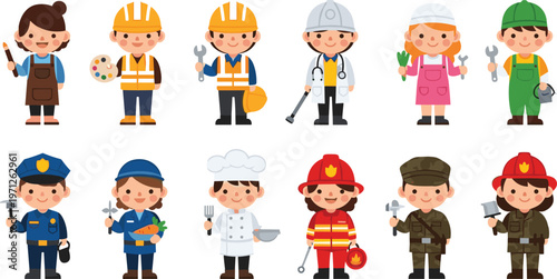 Cute Profession Character Vector Set Featuring Cartoon Little Workers Including Doctor Chef Police Officer And Firefighter For Children Career Education Graphic Designs