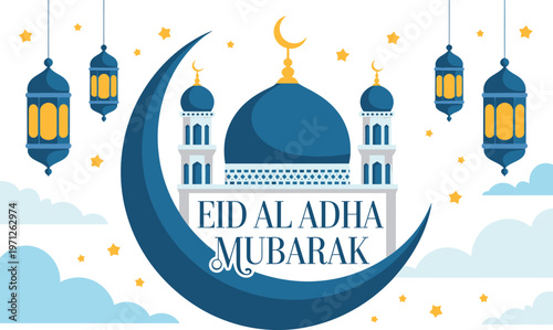 An intricate pixel art illustration for Eid al-Adha featuring a mosque and crescent moon isolated on white background