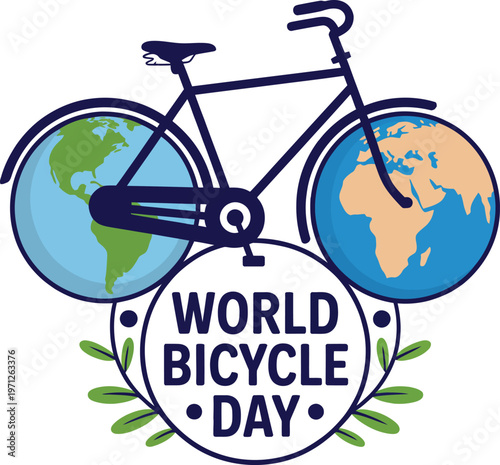 A pixel art illustration celebrating World Bicycle Day with globes replacing the wheels isolated on white background