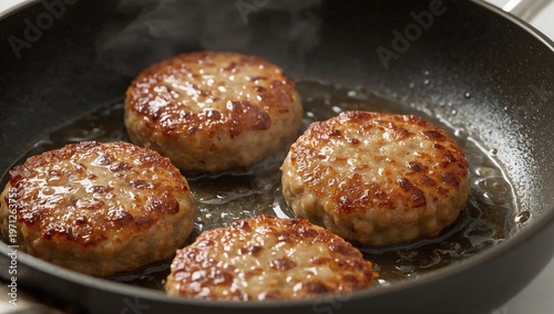 Goldenbrown vegan sausage patties sizzling in a pan with appetizing steam and juicy texture for plantbased breakfast