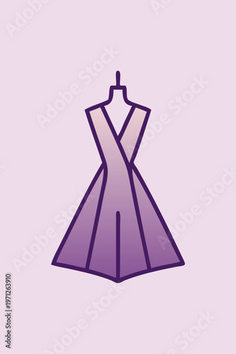 Logotipo de boutique de moda femenina. Dibujo sencillo con líneas de un vestido con falda con relleno de color violeta con fondo rosa 