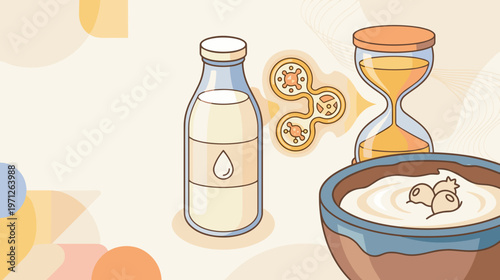 Milk, cultures, hourglass, and skyr bowl illustrating fermentation process in soft minimal layout, vector. Concept of step by step preparation, timing control, and probiotic food workflow.