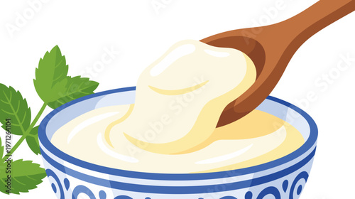 Creamy skyr scooped with wooden spoon and fresh mint leaves in close up composition, vector. Concept of smooth texture, natural freshness, and light nutritious snack option.