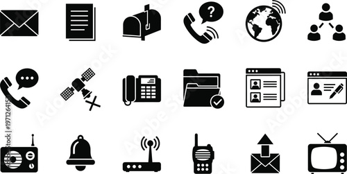 Communication and technology icons set with phone, email, satellite and network symbols isolated on white background for digital connectivity, media and global communication concepts
