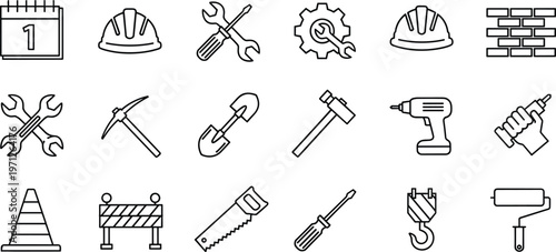 Construction and tools icons set with hammer, drill, helmet and equipment symbols isolated on white background for building, repair and industrial work concepts