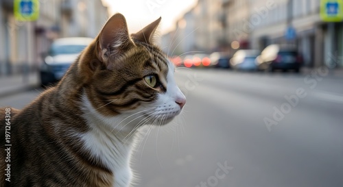 Cat Observes Street Scene - A Moment of Focused Attention.