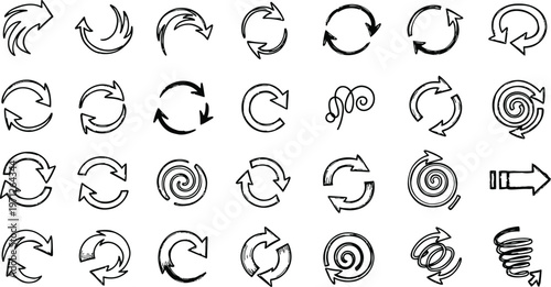 Collection of black and white circular and directional arrow icons on white background