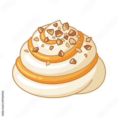 Thick layered skyr swirl with caramel topping and crunchy pieces in minimal composition, vector. Concept of high protein dessert, guilt free indulgence, and rich creamy texture appeal.