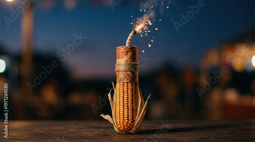 Corn cob firework rocket with lit fuse and sparks on a rustic wooden table at twilight, creative festive decoration concept with copy space for advertising
