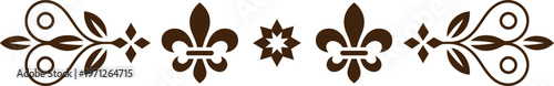 Brown ornamental fleur de lis and leaf designs on transparent background