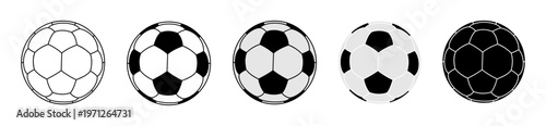 Comprehensive collection of perfectly round classic soccer ball vector icons in various graphic styles featuring a blank central hexagon space for custom typography, logo design, or team branding