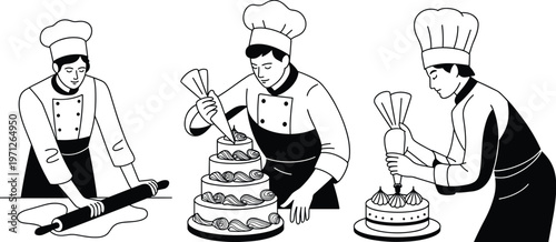 Chefs Decorating Cakes with Piping Bags and Rolling Pin vector untitled