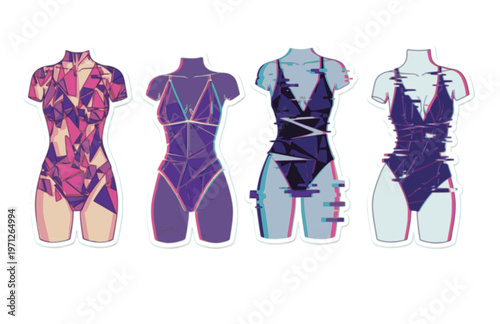 Glitch Art Fashion Bodysuit Silhouette Sticker, Neo Digital Girl Shards Vector, Modern High Tech Intimacy Illustration