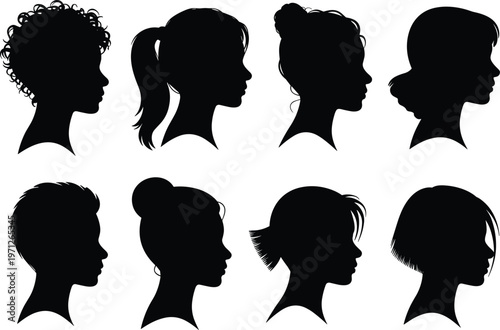 Diverse Collection Of Female Hairstyle Silhouettes In Profile On White Background women