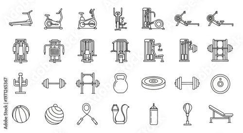 Collection of fitness equipment icons for gym and workout activities.