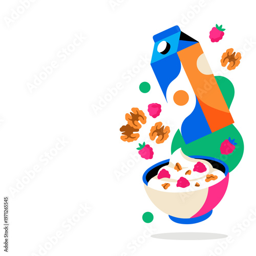 Creative composition with skyr bowl, milk carton, fruits, and nuts in dynamic colorful layout, vector. Concept of balanced breakfast mix, nutrient diversity, and modern healthy eating choices.
