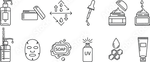 Skincare and cosmetic icons set with lotion, serum, soap and UV protection symbols isolated on white background for beauty, hygiene and personal care concepts